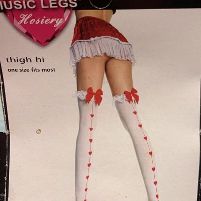 Women’s White Thigh Highs Lace Red Satin Bow And Red Hearts